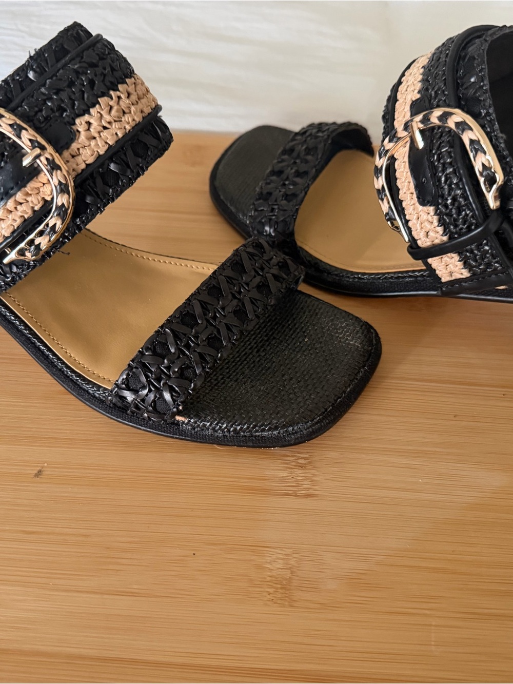 Nine West Black and Beige Woven Slide Sandals with Buckle